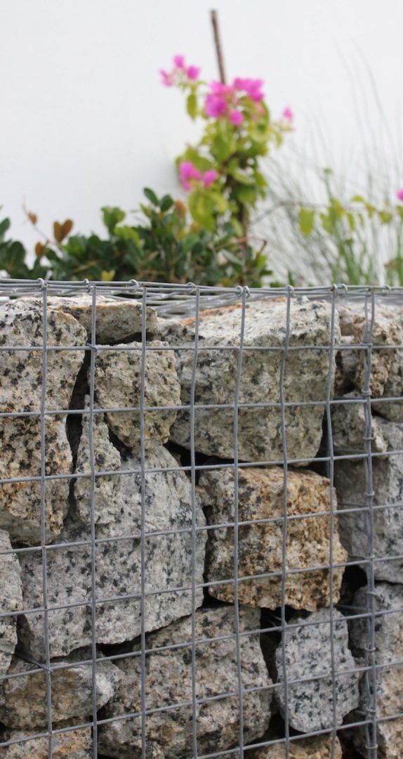 Gabion basket with plants in the background